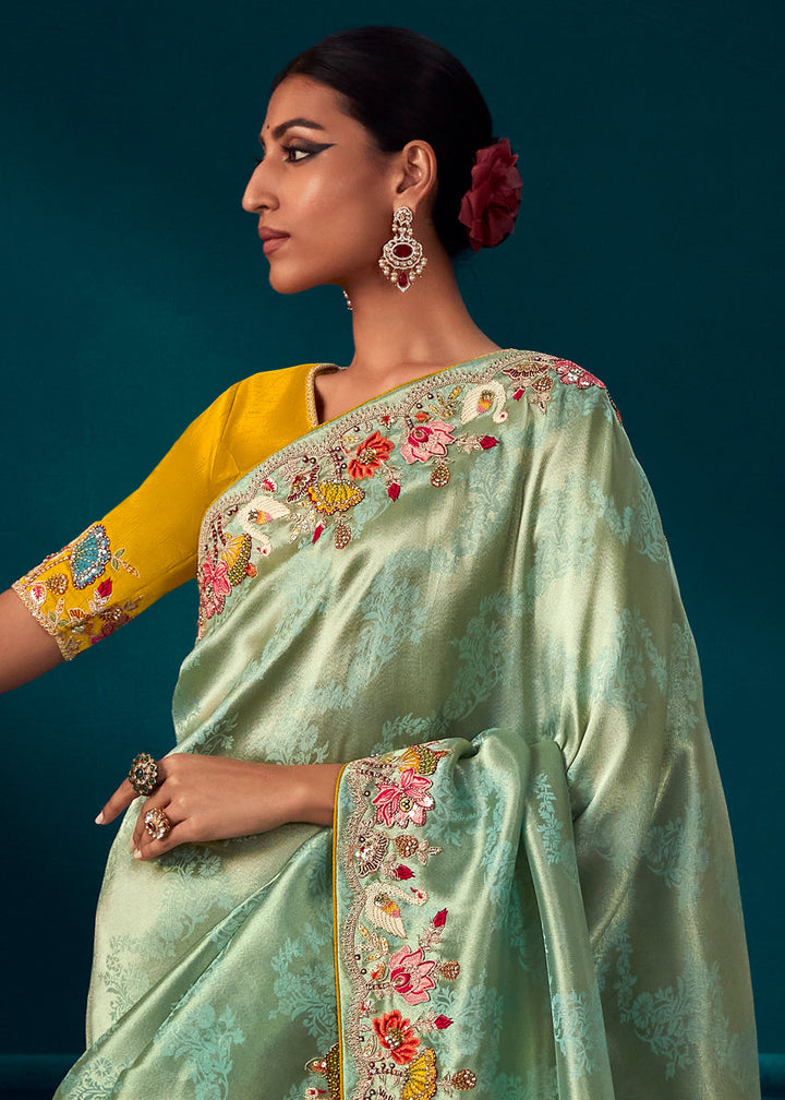 Blue & Green Woven Kanjivaram Silk Saree with Sequin,Stone,Khatli & Pearl work