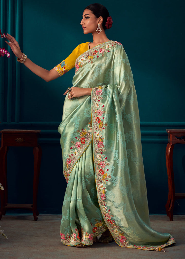 Blue & Green Woven Kanjivaram Silk Saree with Sequin,Stone,Khatli & Pearl work
