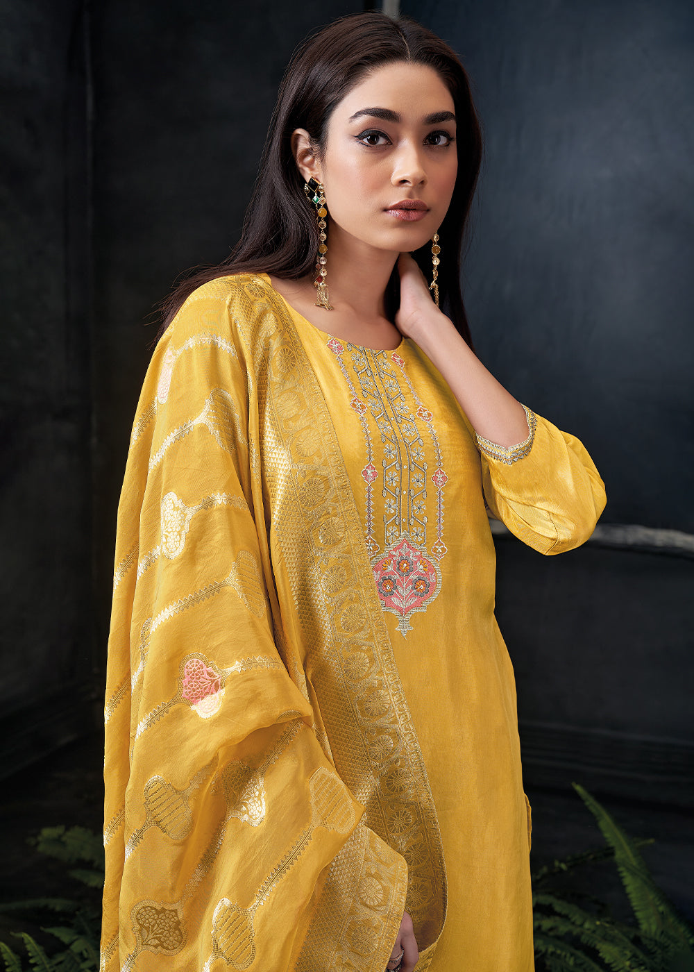 Saffron Yellow Embroidered Organza Salwar Suit: Top Pick