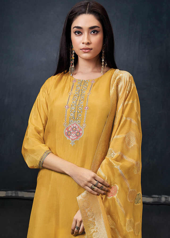 Saffron Yellow Embroidered Organza Salwar Suit: Top Pick