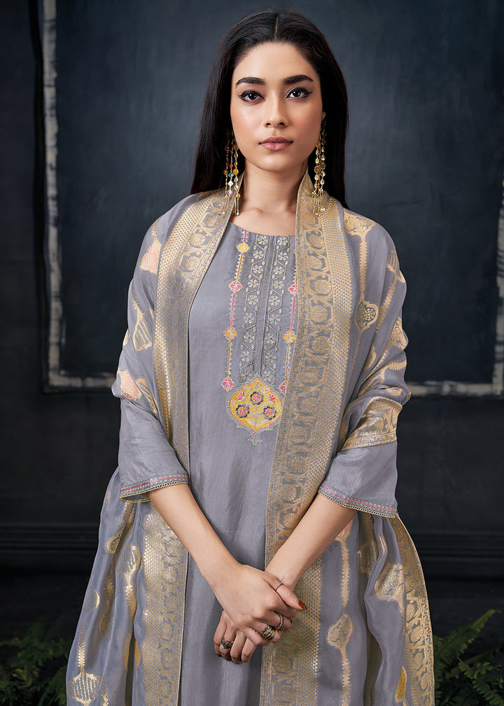 Flint Grey Embroidered Organza Salwar Suit: Top Pick