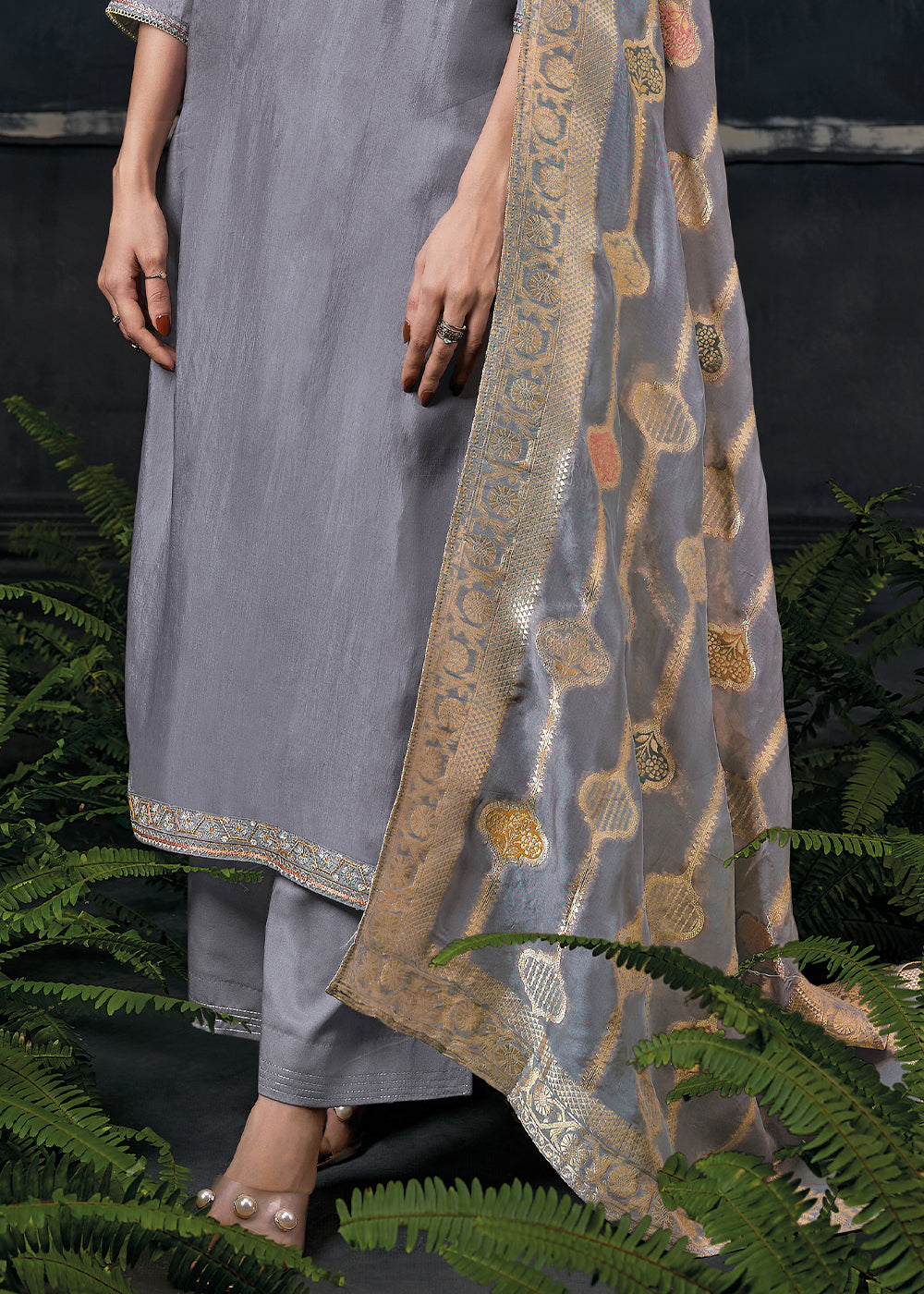 Flint Grey Embroidered Organza Salwar Suit