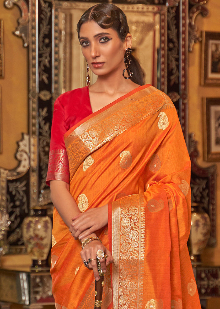 Bright Orange Zari Woven Tussar Silk Saree