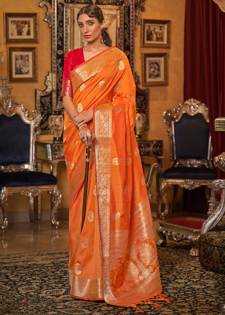 Bright Orange Zari Woven Tussar Silk Saree