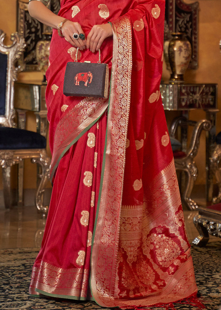 Rufous Red Zari Woven Tussar Silk Saree