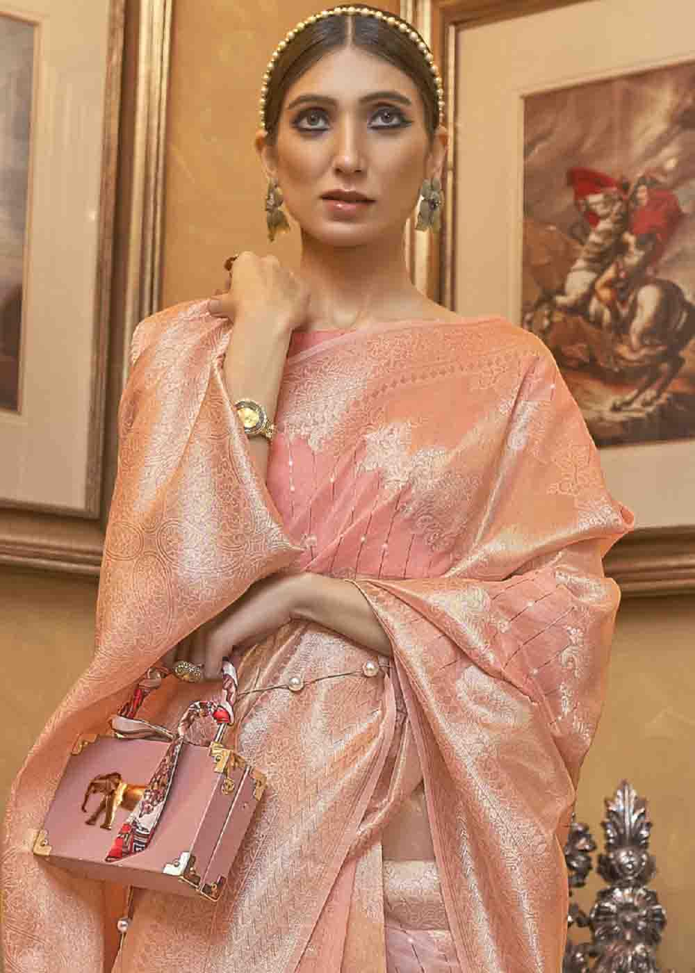 Coral Pink Woven Banarasi Silk Saree with Sequins work