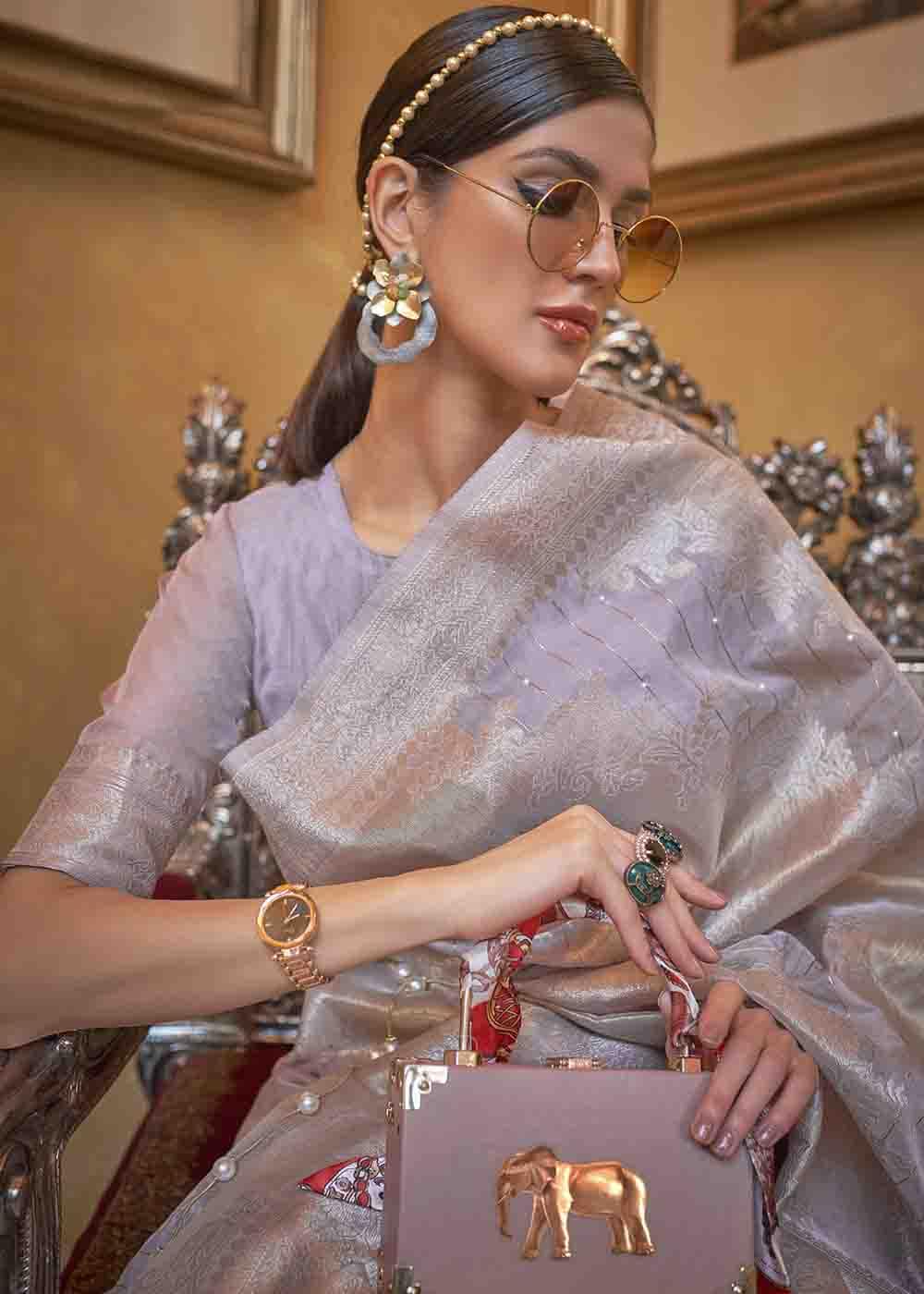 Blueish Grey Woven Banarasi Silk Saree with Sequins work