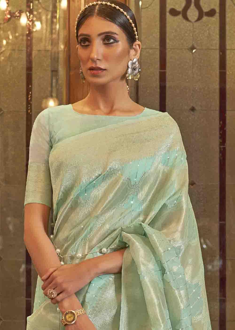 Mint Green Woven Banarasi Silk Saree with Sequins work