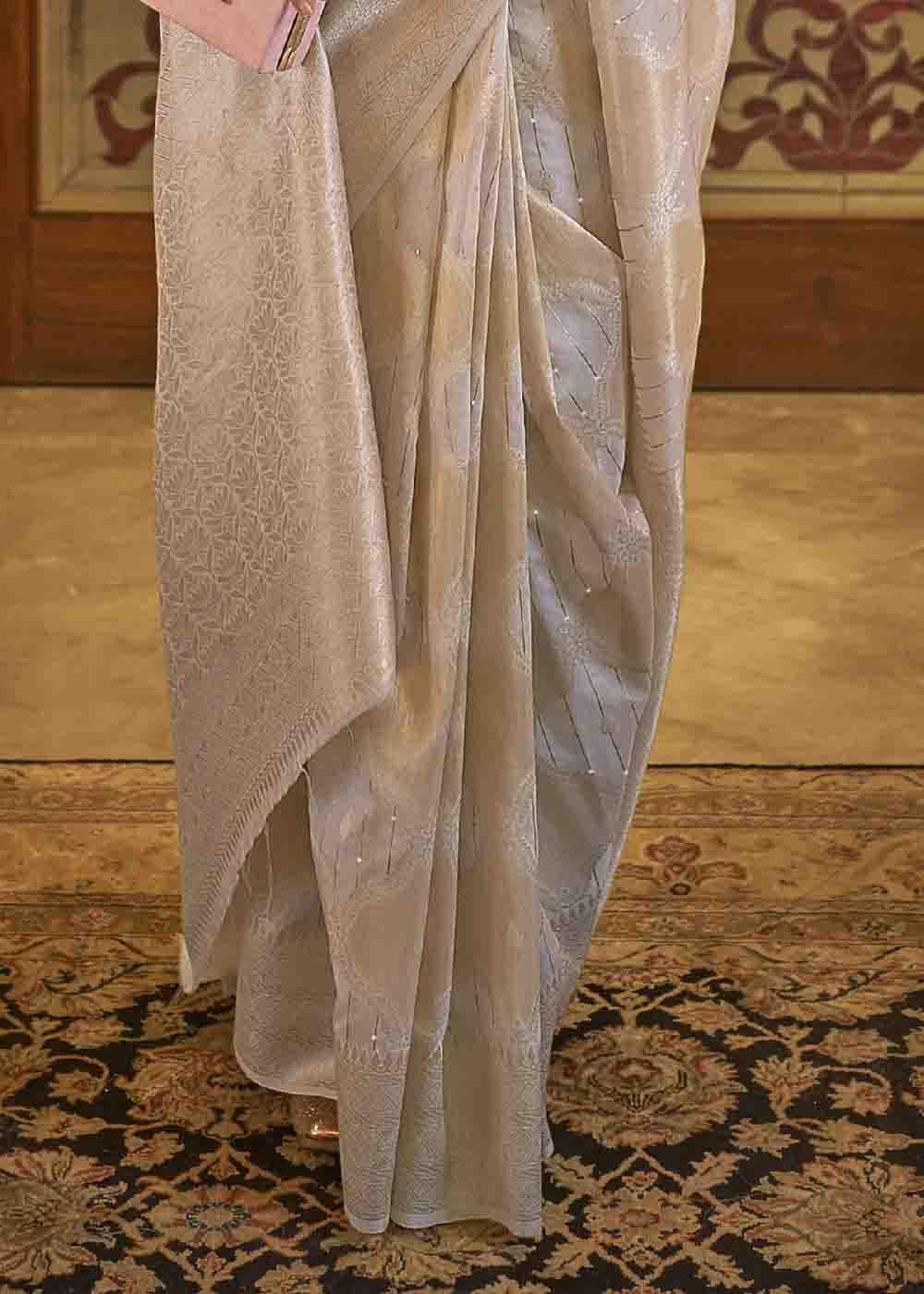 Beige Brown Woven Banarasi Silk Saree with Sequins work