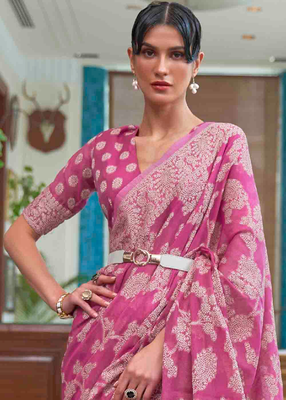 Magenta Pink Chikankari Weaving Silk Saree