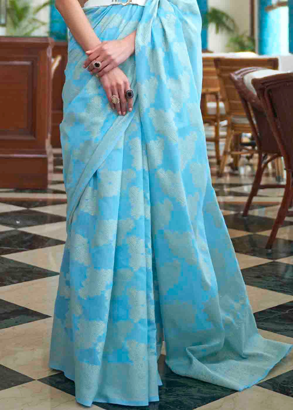 Olympic Blue Chikankari Weaving Silk Saree