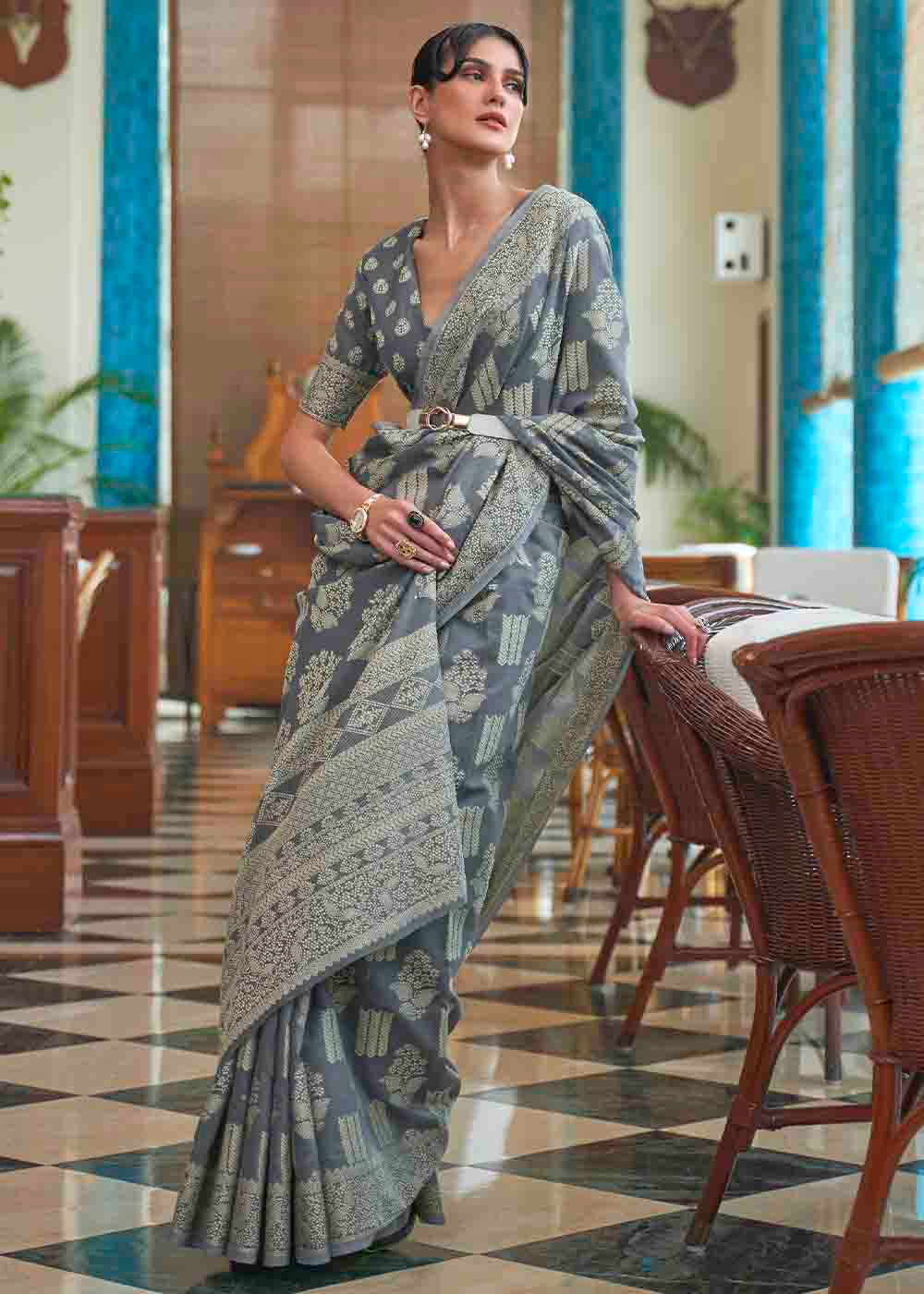 Anchor Grey Chikankari Weaving Silk Saree
