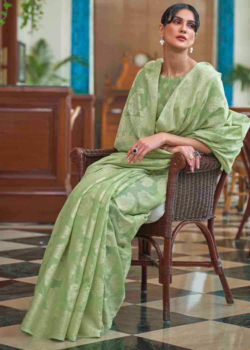 Pastel Green Chikankari Weaving Silk Saree