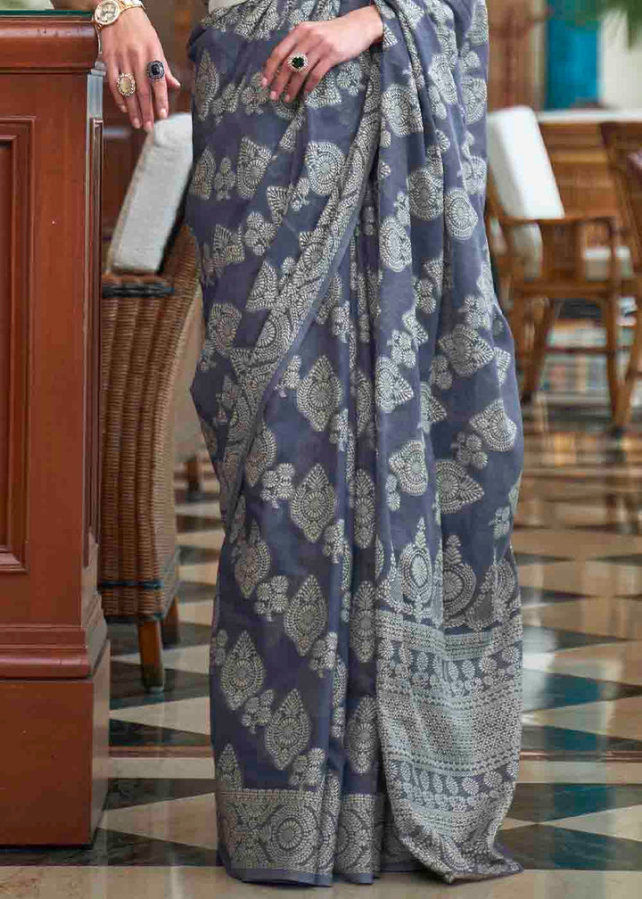 Wedgewood Blue Chikankari Weaving Silk Saree