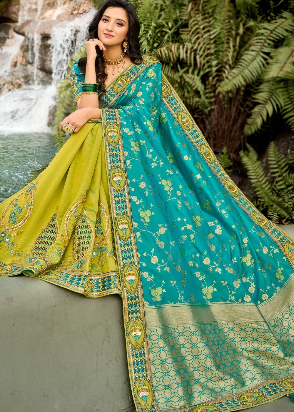 Green and Blue Half N Half Silk Saree with Embroidered work