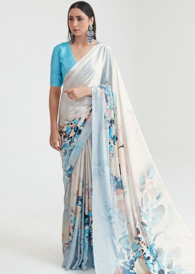 Pearl White & Blue Satin Silk Digital Printed Saree