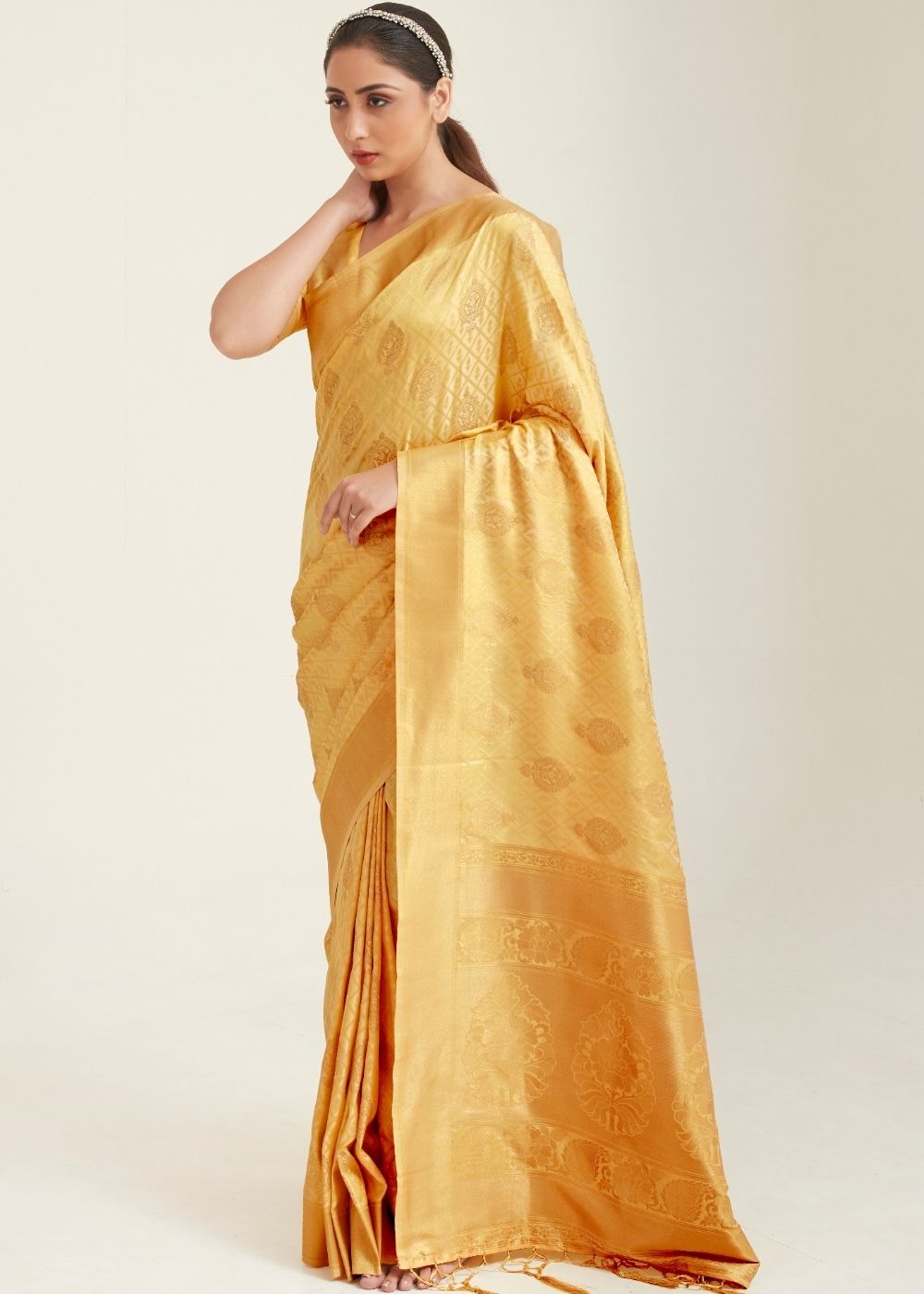 Poppy Golden Zari Butta Woven Banasari Silk Saree