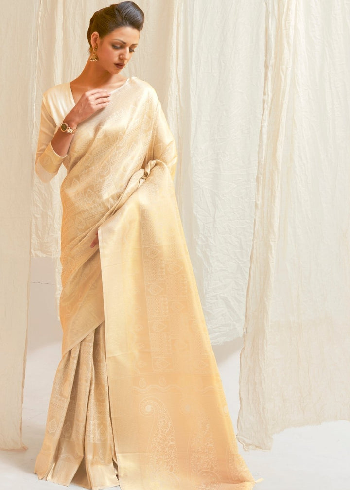 Cream White & Golden Blend Kanjivaram Silk Saree
