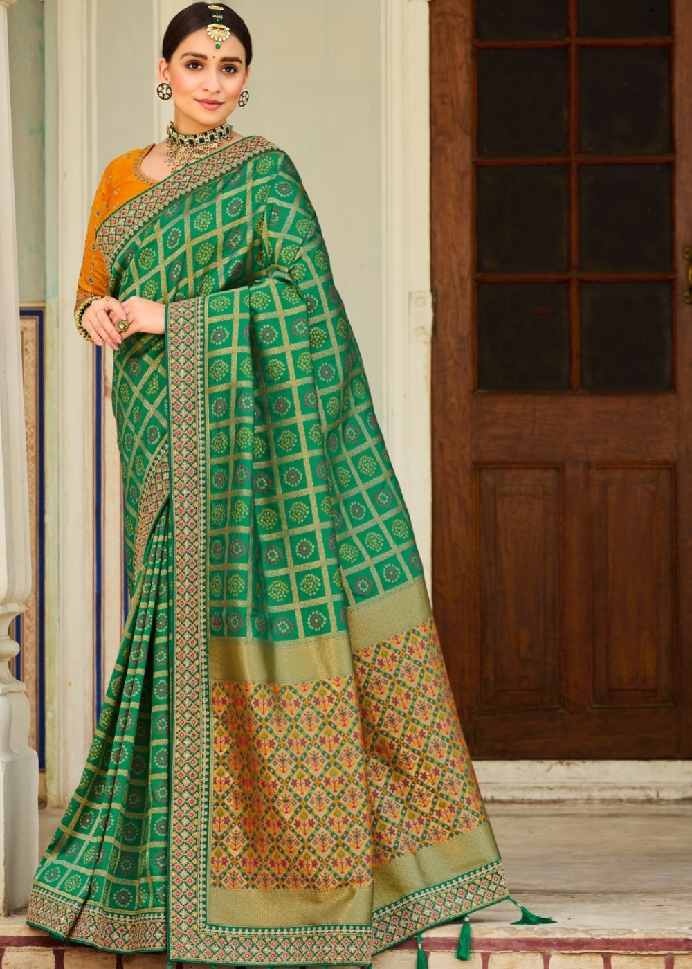 Shamrock Green Woven Banarasi Silk Saree with Embroidered Blouse