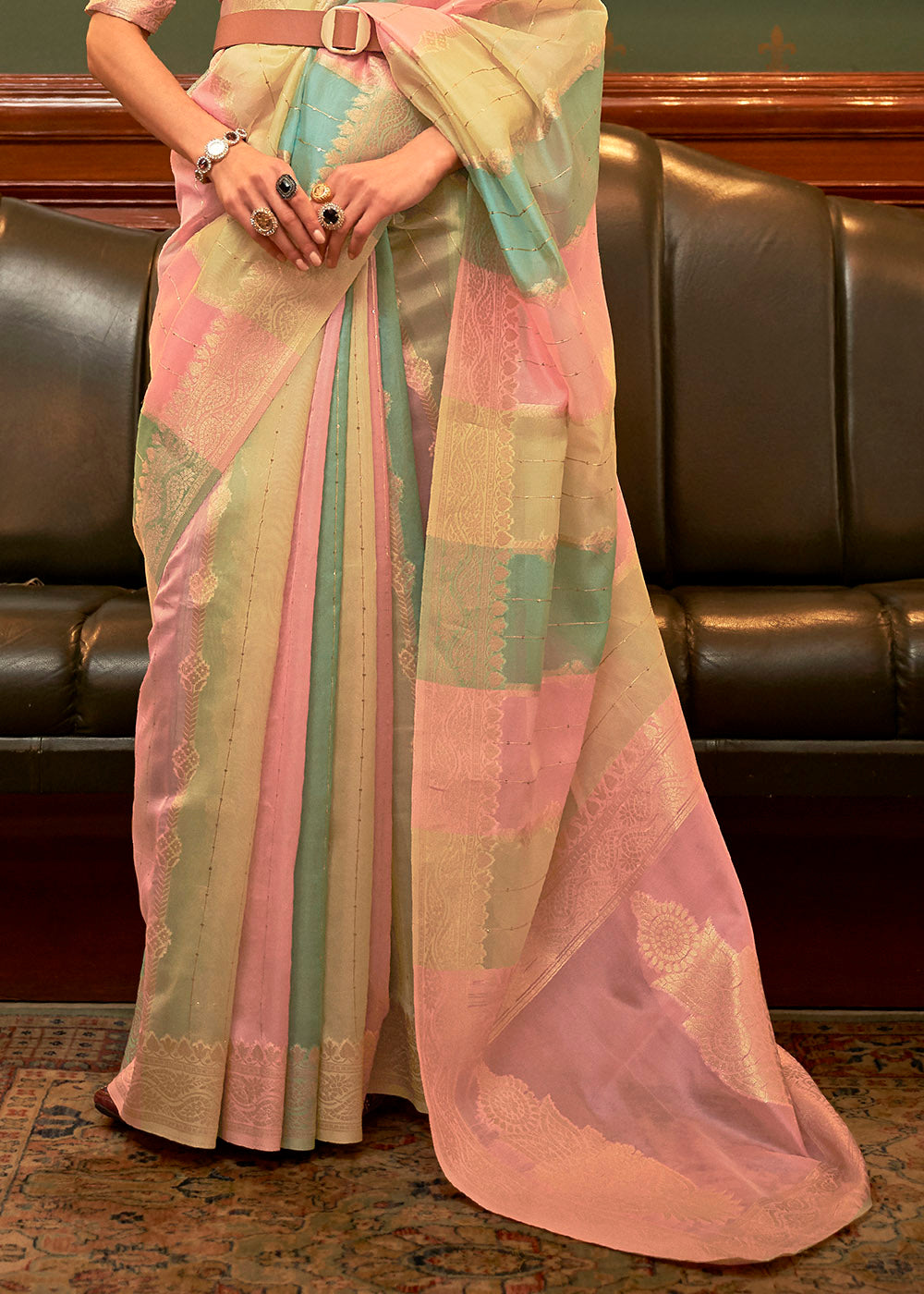 Pink Multicolour Woven Organza Silk Saree