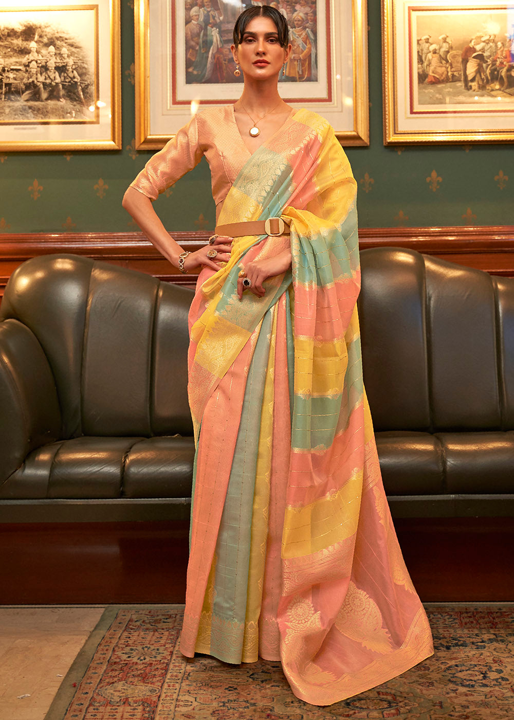 Yellow & Pink Woven Organza Silk Saree