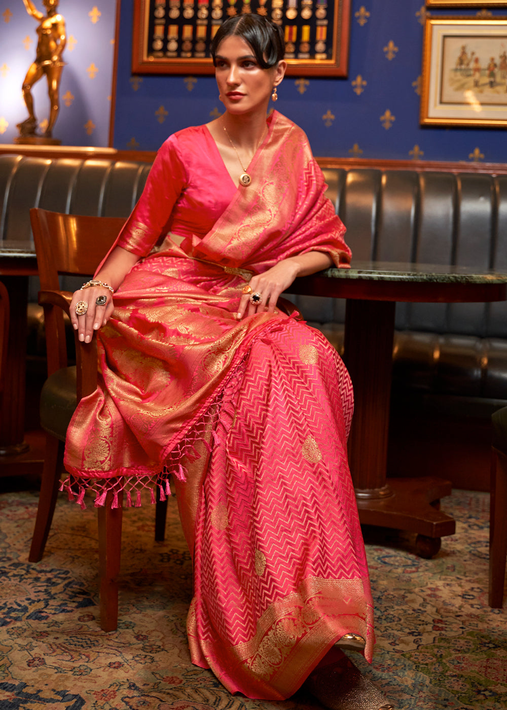 Brink Pink Designer Satin Silk Saree