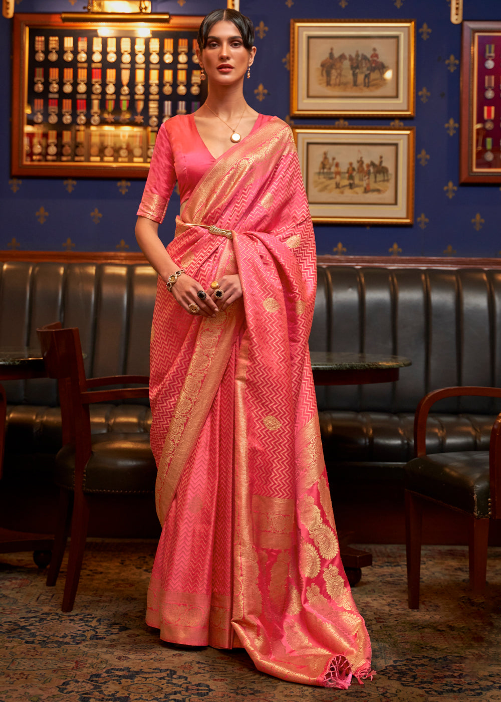 Brink Pink Designer Satin Silk Saree