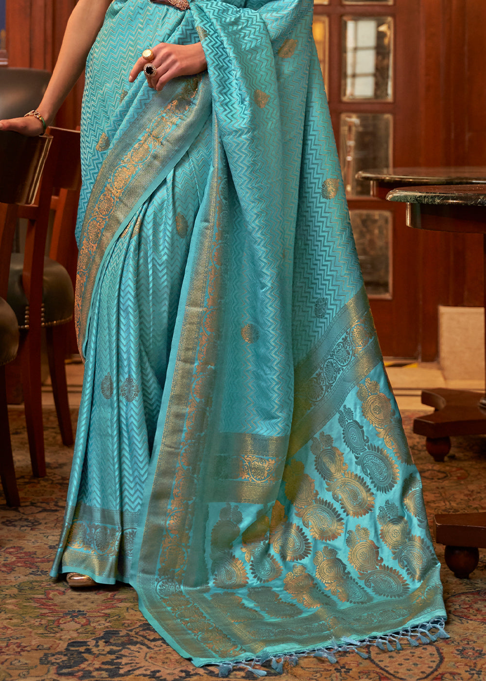 Cerulean Blue Designer Satin Silk Saree