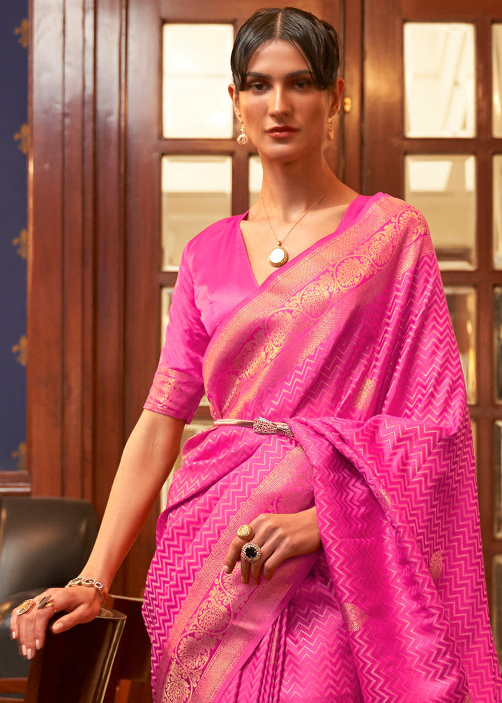 Shocking Pink Designer Satin Silk Saree