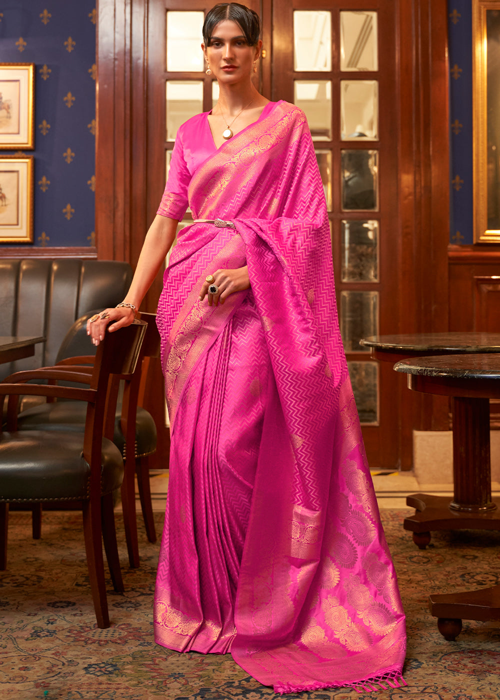 Shocking Pink Designer Satin Silk Saree