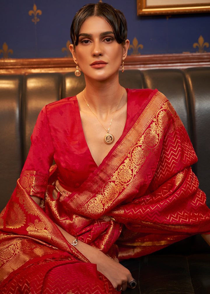 Scarlet Red Designer Satin Silk Saree