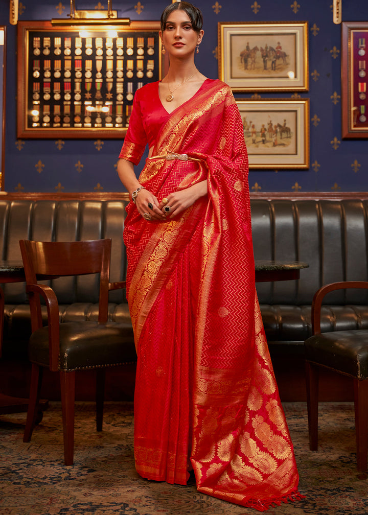 Scarlet Red Designer Satin Silk Saree