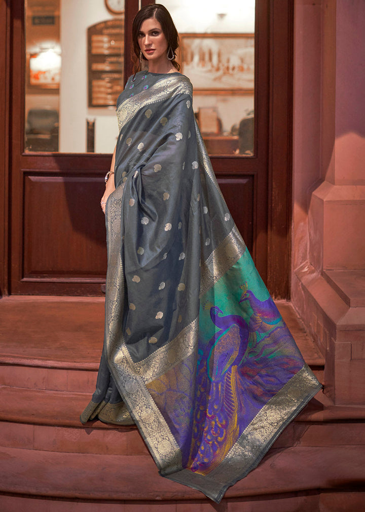 Lead Grey Woven Chanderi Banarasi Fusion Silk Saree
