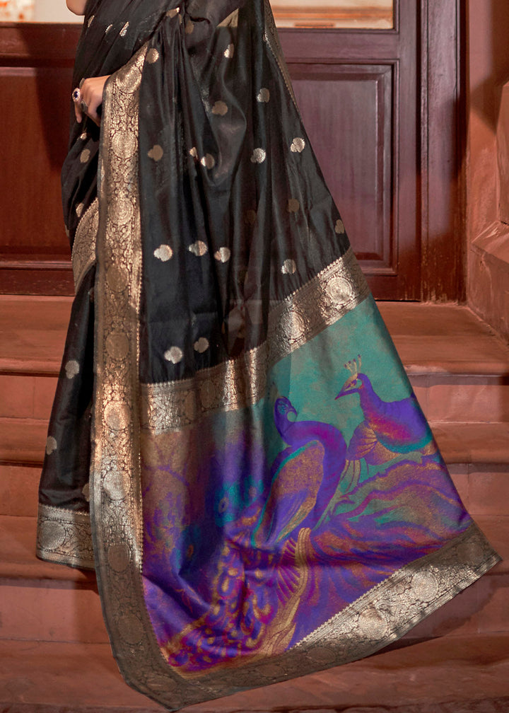 Midnight Black Woven Chanderi Banarasi Fusion Silk Saree