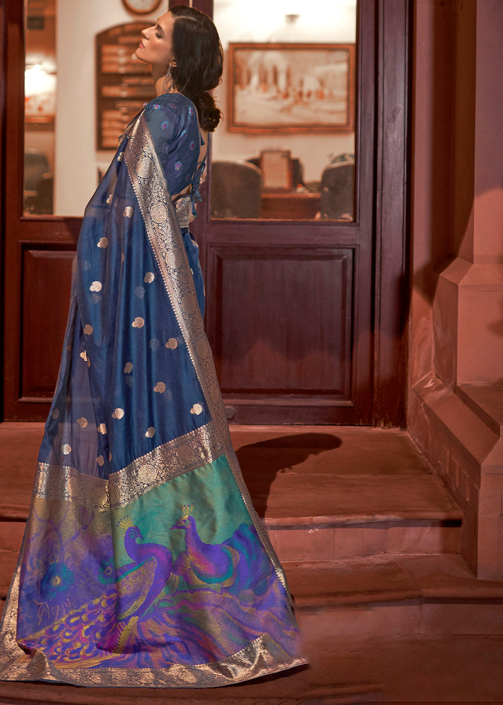 Space Blue Woven Chanderi Banarasi Fusion Silk Saree