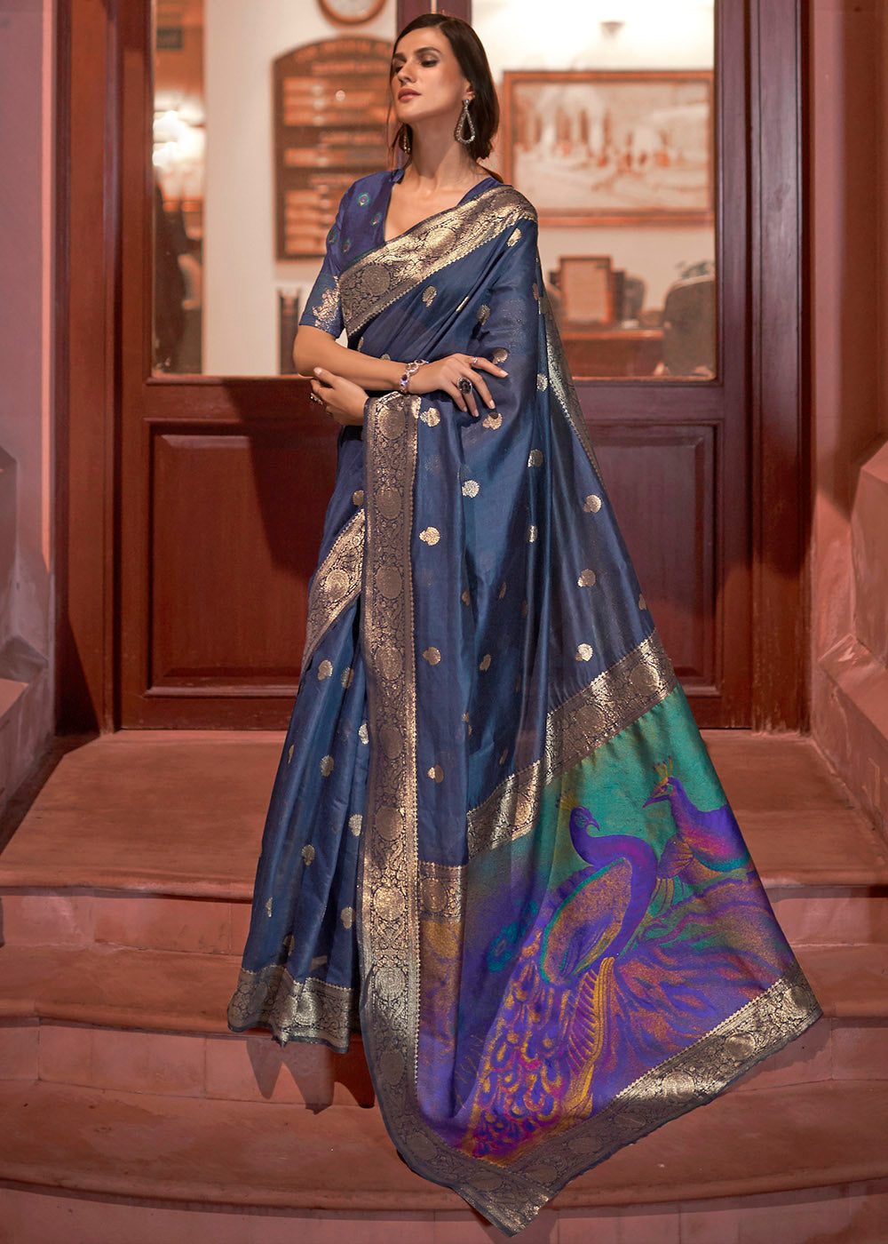 Space Blue Woven Chanderi Banarasi Fusion Silk Saree
