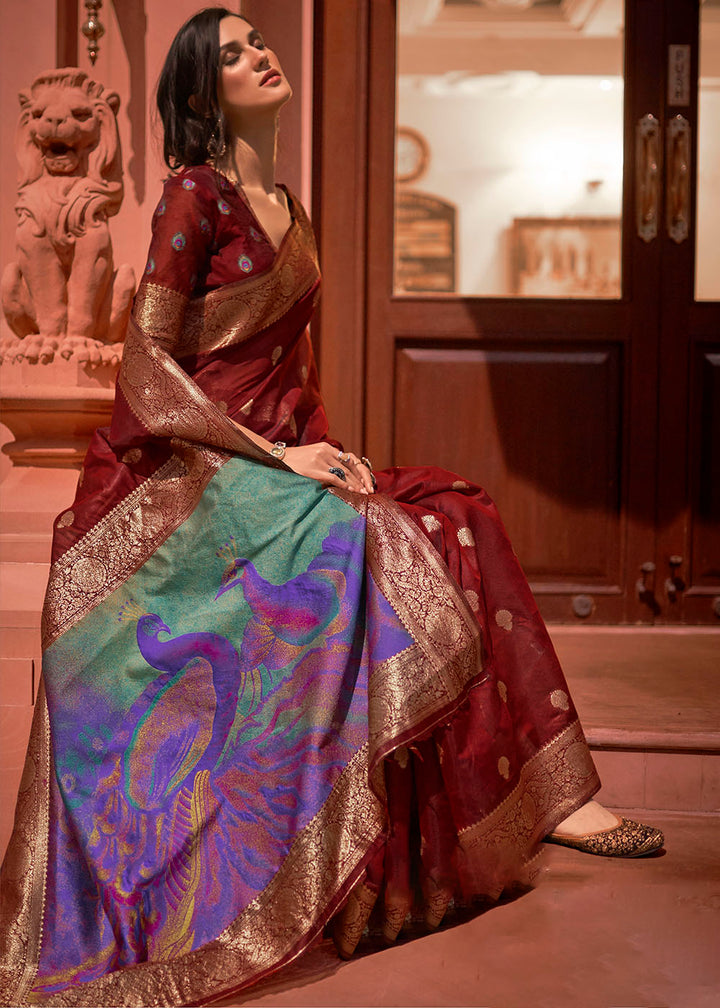 Currant Red Woven Chanderi Banarasi Fusion Silk Saree