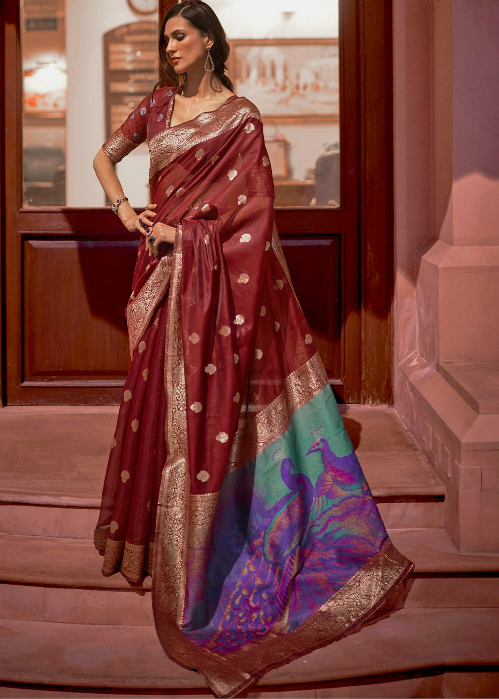 Currant Red Woven Chanderi Banarasi Fusion Silk Saree