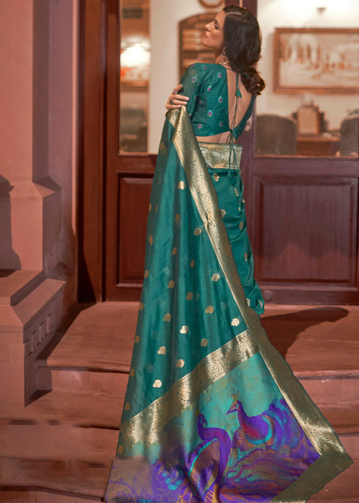 Arabian Green Woven Chanderi Banarasi Fusion Silk Saree