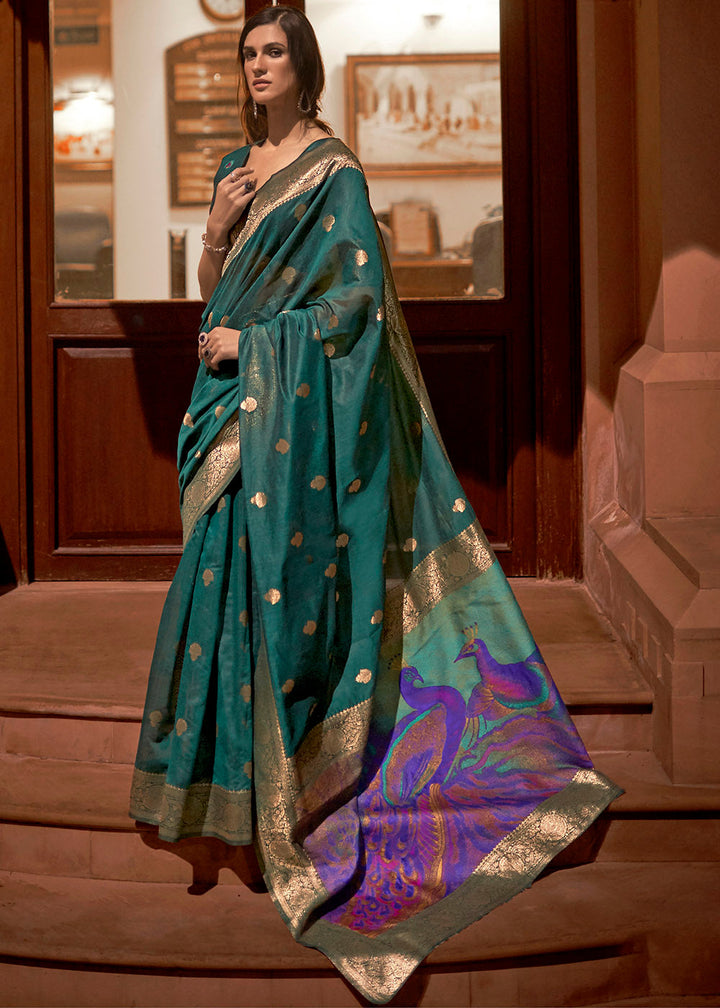 Arabian Green Woven Chanderi Banarasi Fusion Silk Saree