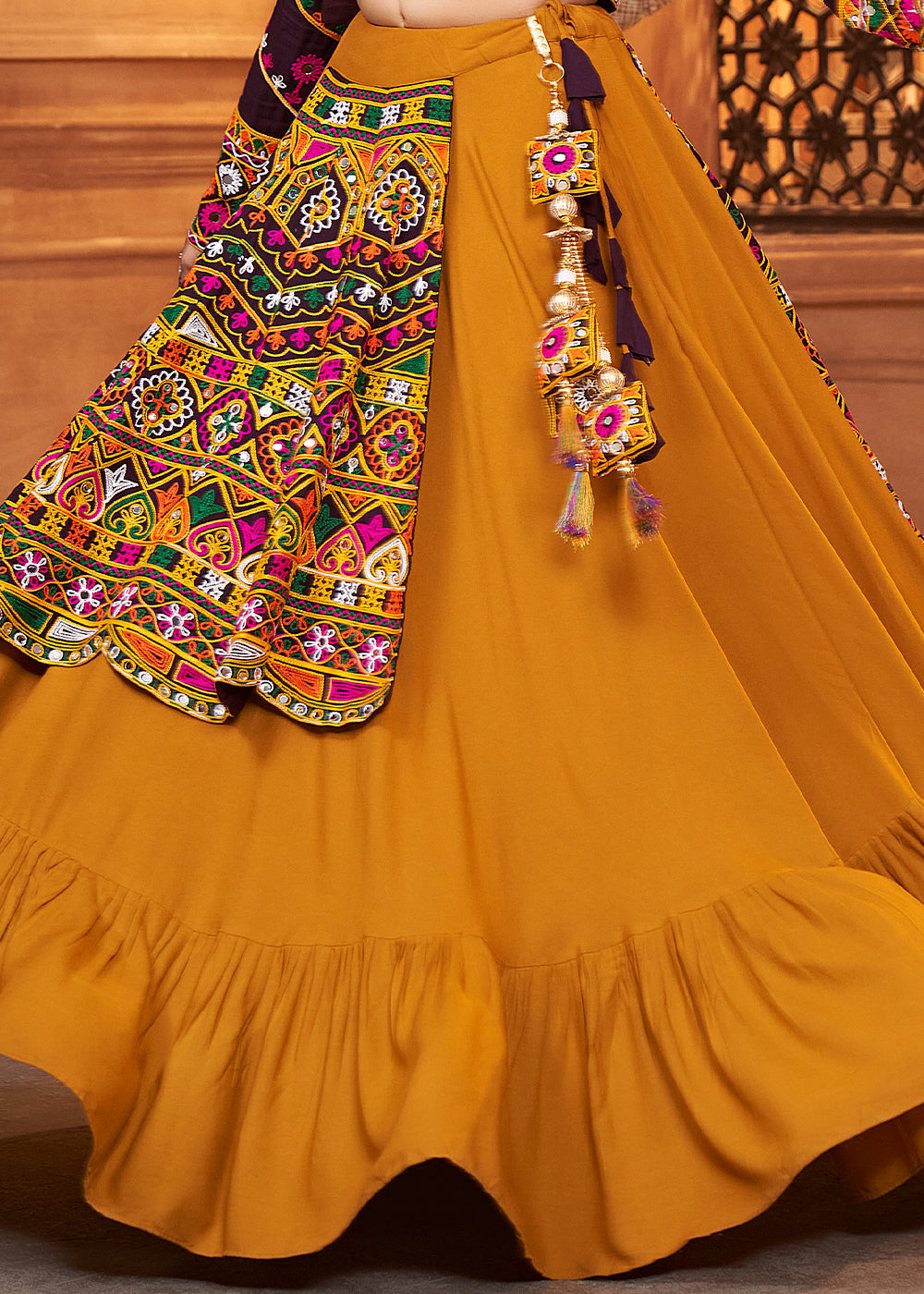 Mustard Yellow Viscose Rayon Lehenga Choli with  Koti Having Thread Embroidery & Mirror work: Navratri Special