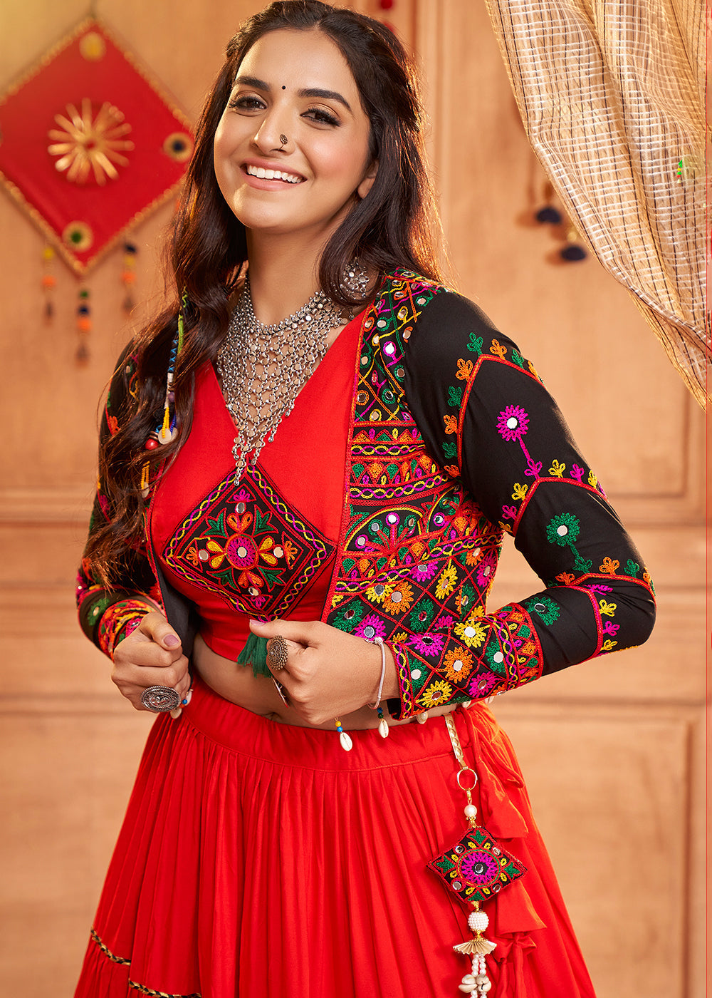 Candy Red Viscose Rayon Lehenga Choli with  Koti Having Thread Embroidery & Mirror work: Navratri Special