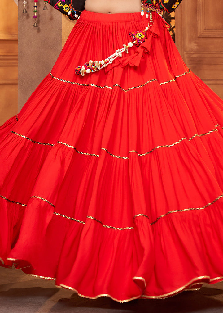 Candy Red Viscose Rayon Lehenga Choli with  Koti Having Thread Embroidery & Mirror work: Navratri Special