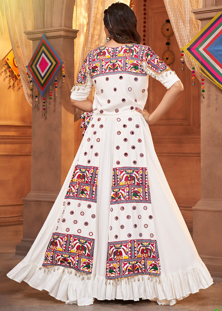Pearl White Viscose Rayon Lehenga Choli with  Koti Having Thread Embroidery & Mirror work: Navratri Special
