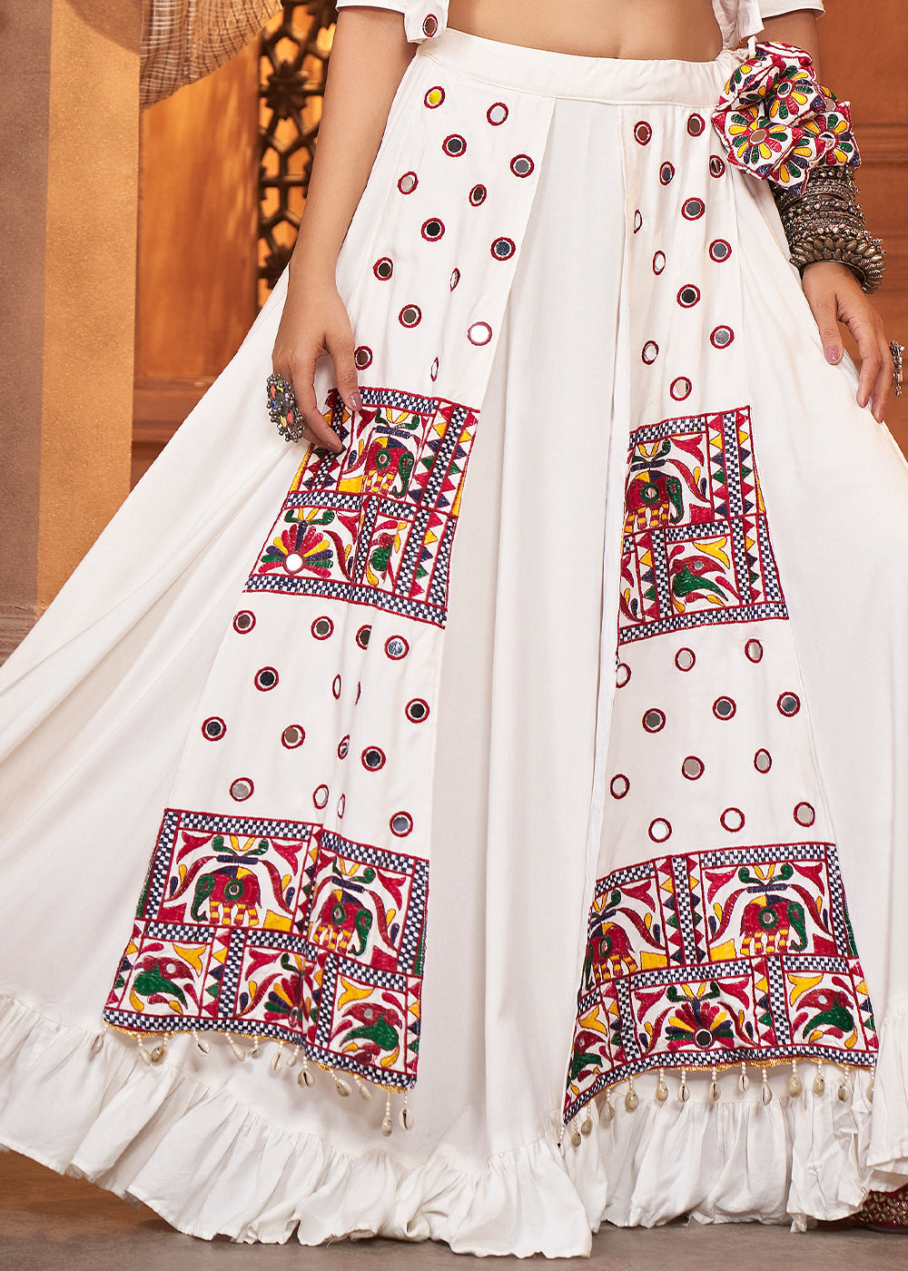 Pearl White Viscose Rayon Lehenga Choli with  Koti Having Thread Embroidery & Mirror work: Navratri Special
