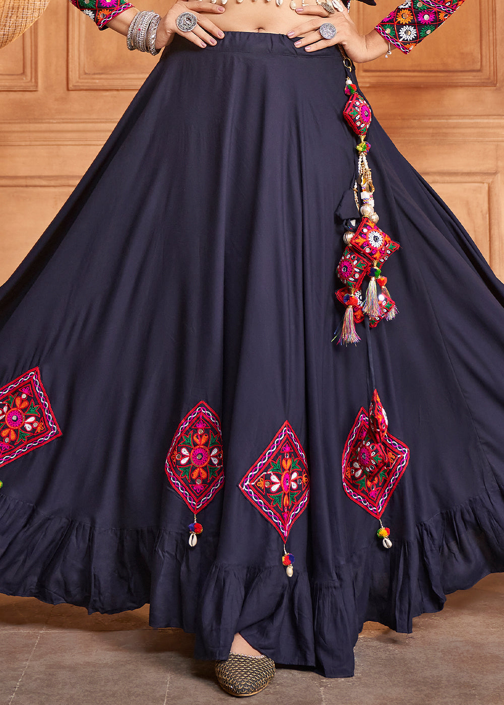 Navy Blue Viscose Rayon Lehenga Choli with  Koti Having Thread Embroidery & Mirror work: Navratri Special