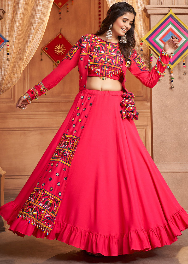 Rani Pink Viscose Rayon Lehenga Choli with  Koti Having Thread Embroidery & Mirror work: Navratri Special