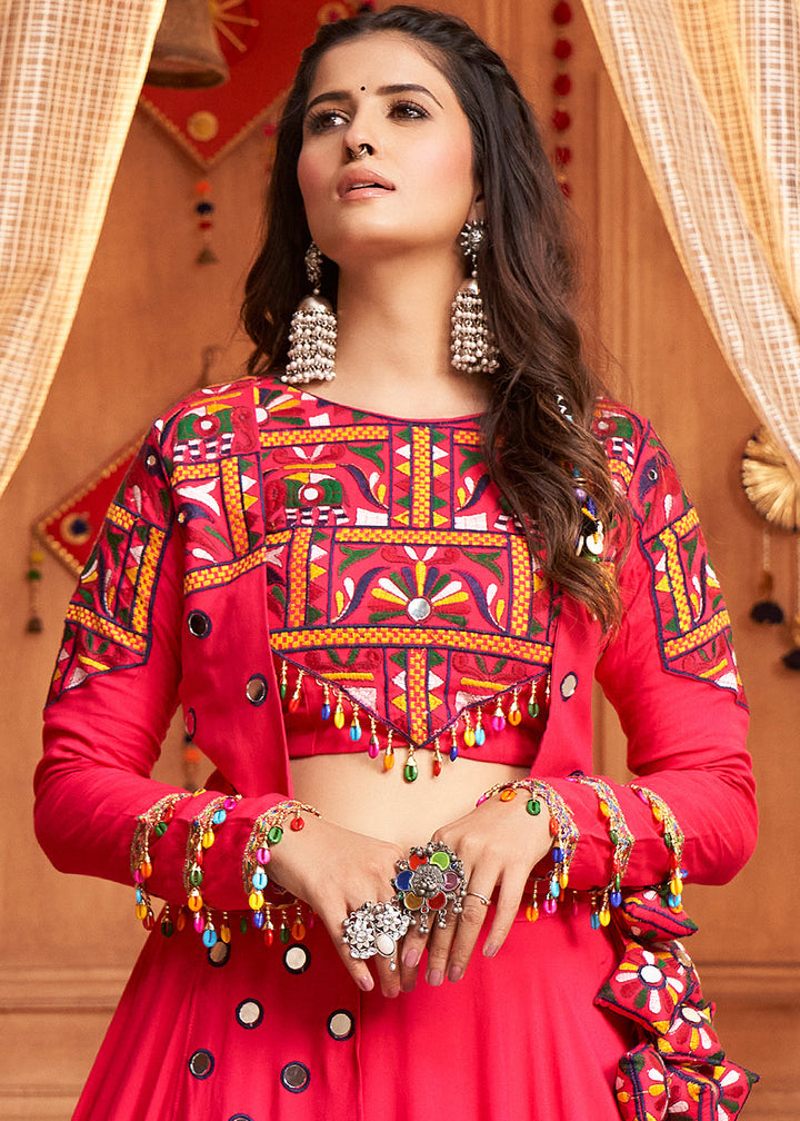Rani Pink Viscose Rayon Lehenga Choli with  Koti Having Thread Embroidery & Mirror work: Navratri Special