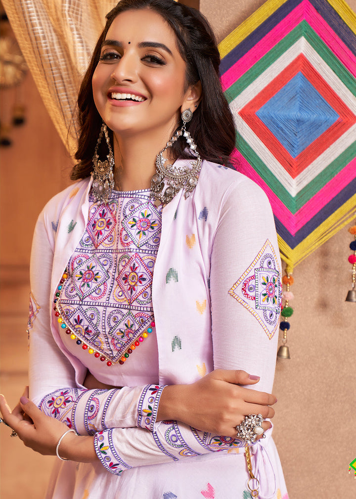 Lavender Purple Cotton Lehenga Choli with  Koti Having Thread Embroidery & Mirror work: Navratri Special