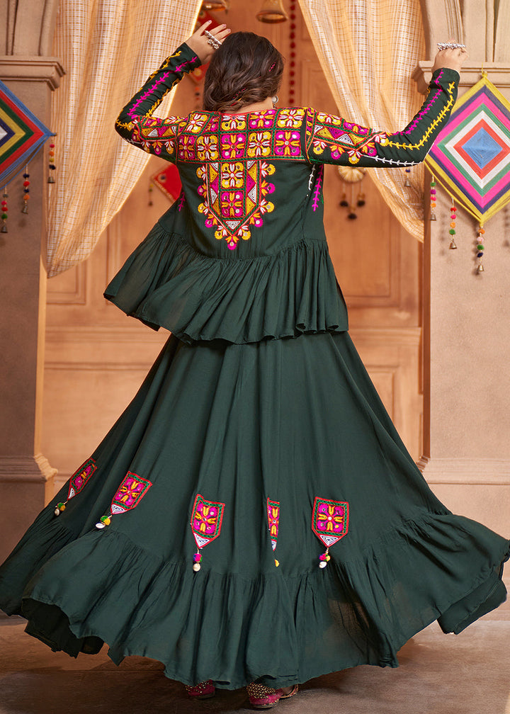 Sacramento Green Viscose Rayon Lehenga Choli with  Koti Having Thread Embroidery & Mirror work: Navratri Special
